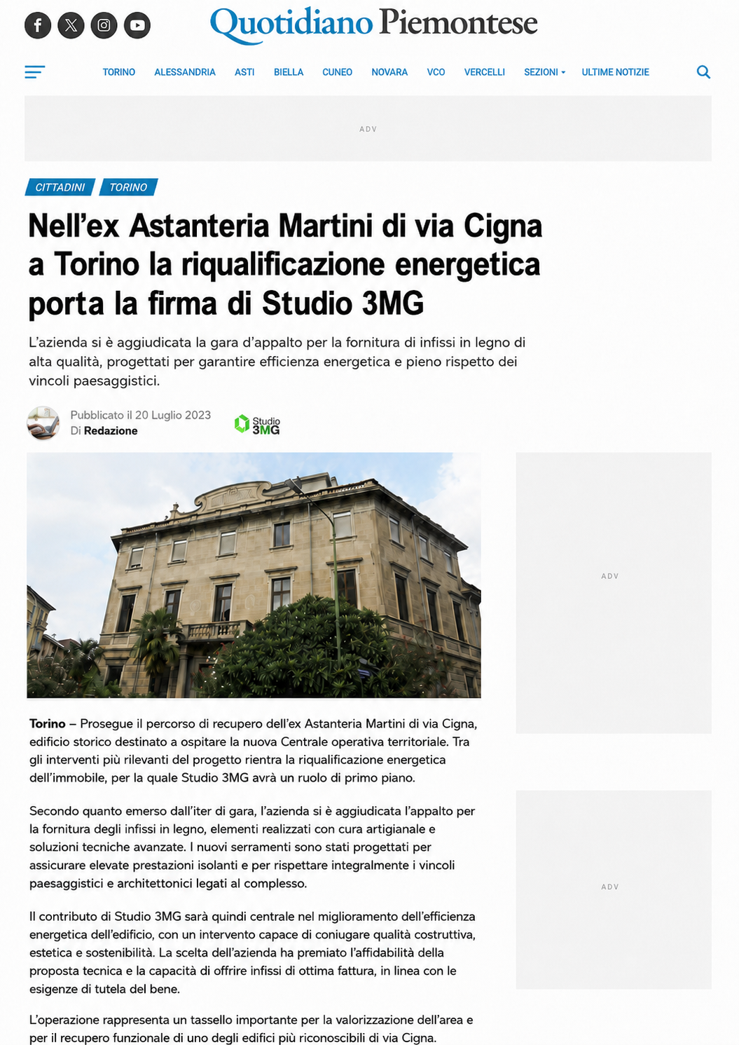 Articolo Quotidiano Piemontese su Studio 3MG ed ex Astanteria Martini di Torino